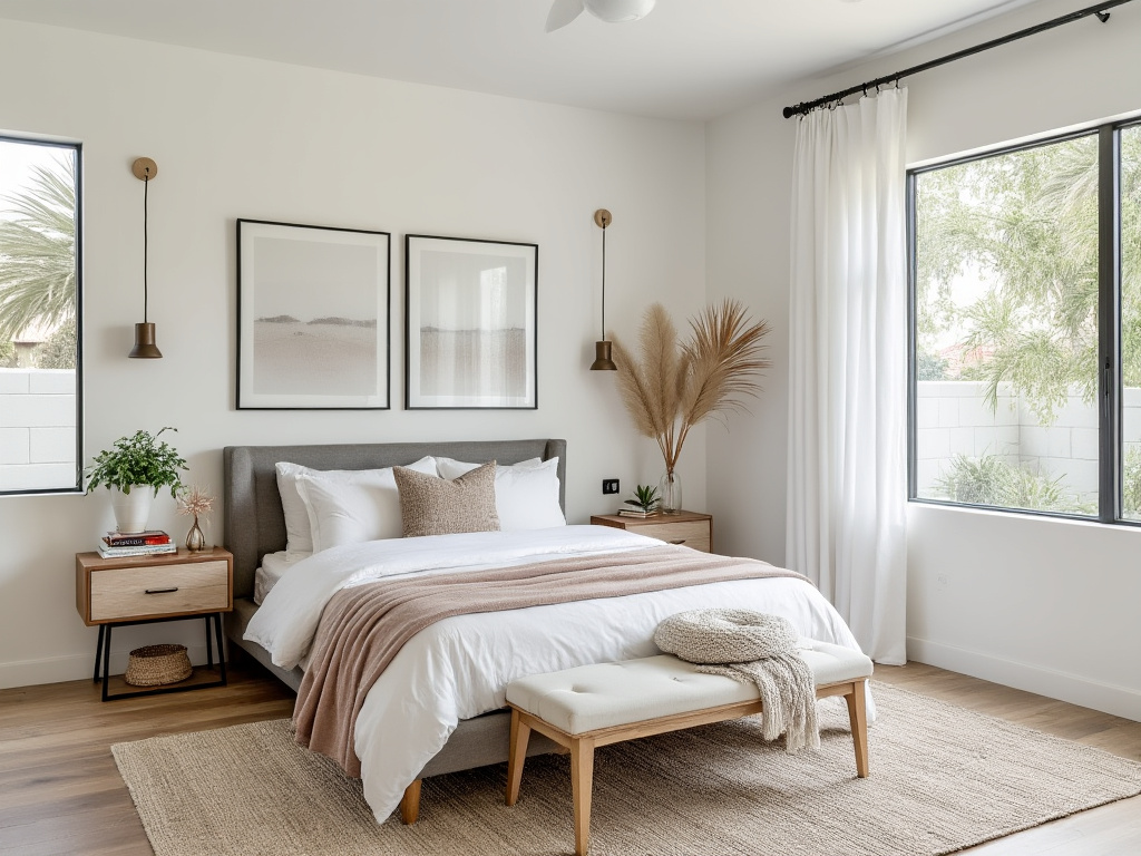 Neutrally staged Palm Springs bedroom