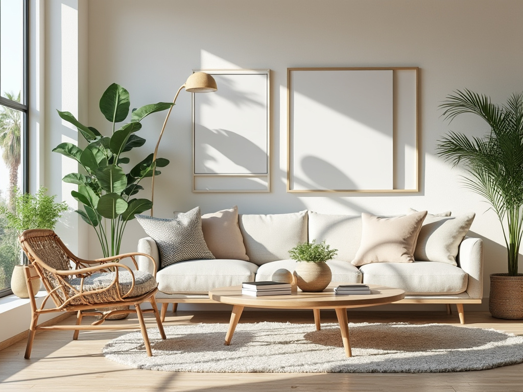 Decluttered and neutrally staged Palm Springs living room with desert-friendly plants